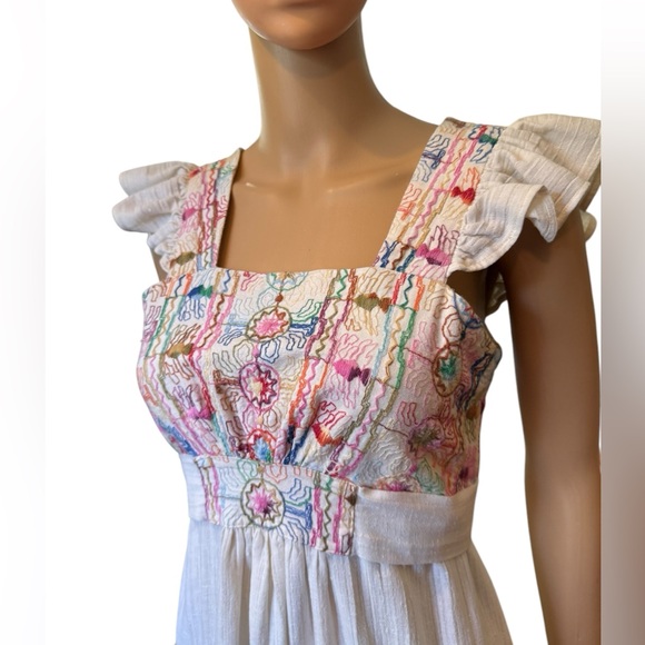 Leiter’s Vintage 70s Hand Embroidered Boho Fish Print Hippie Ruffle Mini Dress - Picture 2 of 8